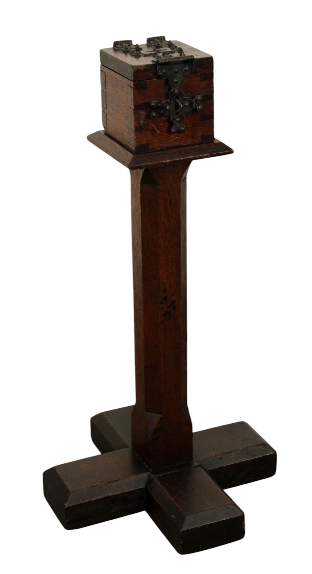 French Gothic Revival oak church alms box: French Gothic Revival oak church alms box with iron hardware. Late 19th century. 35"h x 18" sq at the base