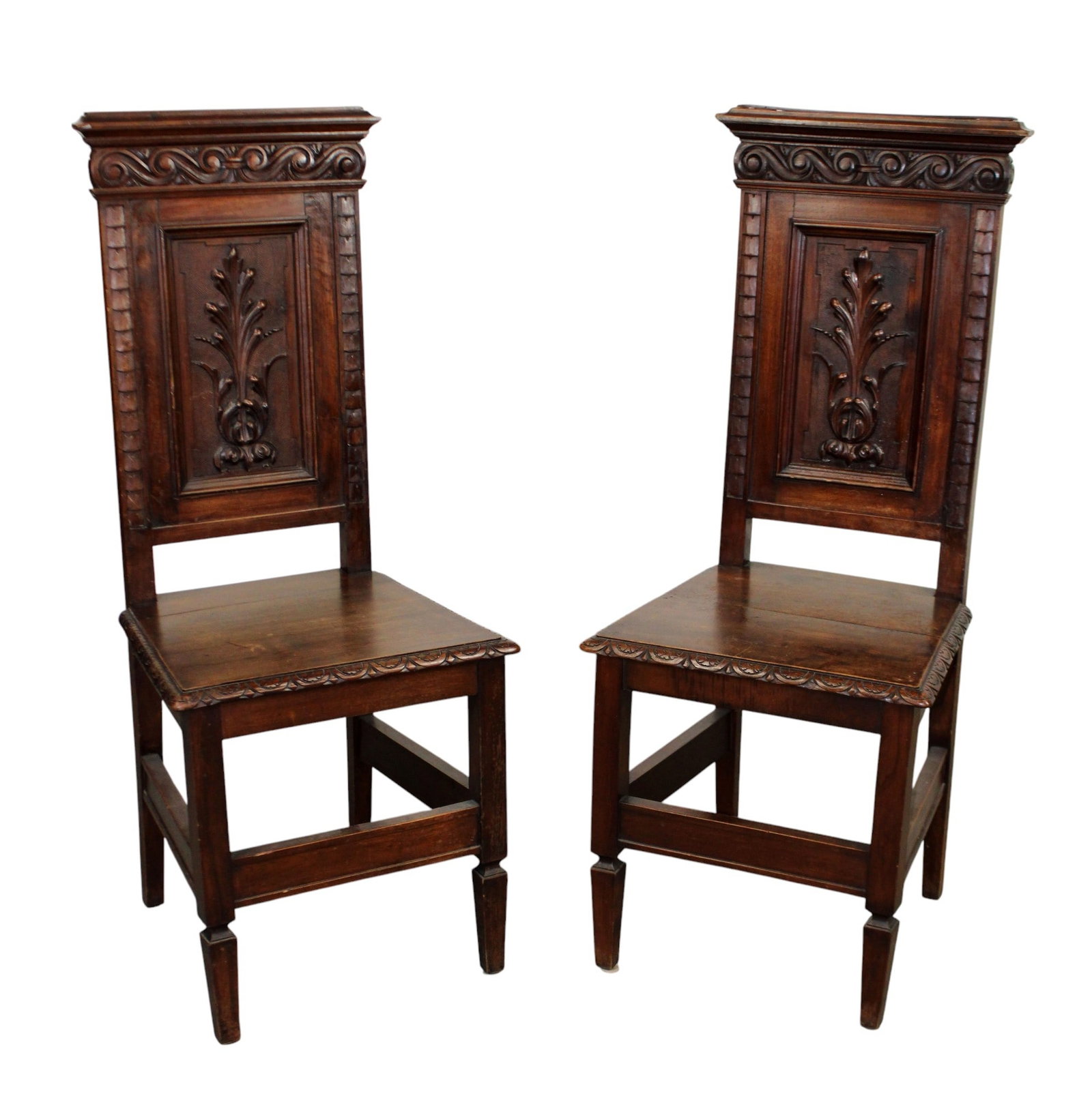 Pair Italian Renaissance Revival high back hall chairs: Pair Italian Renaissance Revival high back hall chairs. Late 19th century. 45"h x 18 1/2"w x 17"d, seat height 20"