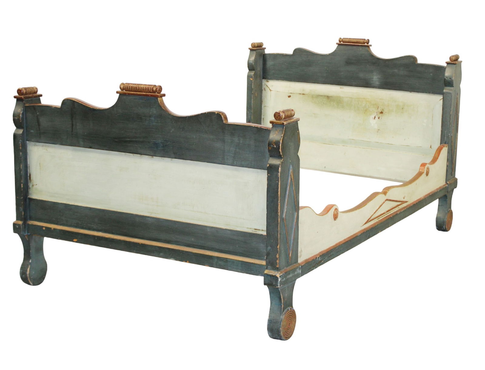 French Napoleon III painted wood daybed: French Napoleon III painted day bed. Painted all 4 sides. Late 19th century. Headboard 38 1/2"h Footboard 34 1/2"h x 78 1/4"l x 47"w, Interior measurement between the rails are 45" w x 75"l