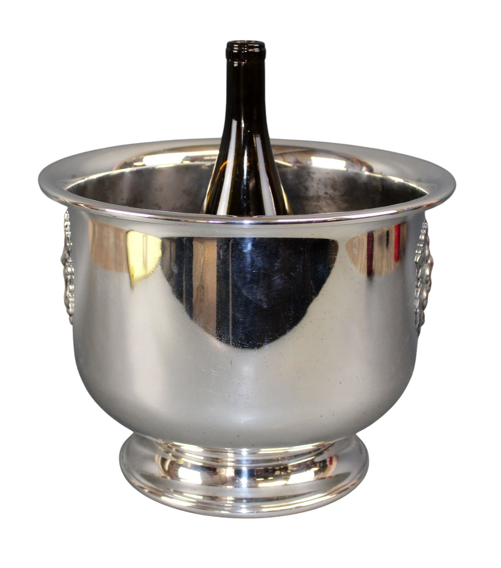 Italian silver on brass ice bucket with grapes: Italian silver on brass ice bucket with grapes. Maker's mark on bottom rim. 9"h x 11 5/8"diam. Weight: 5lbs.