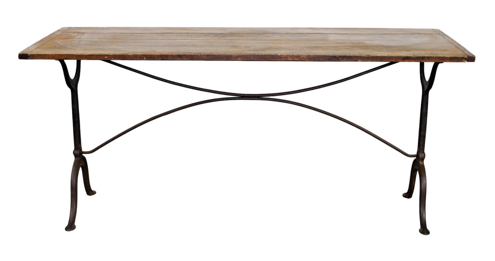 French long bistro table on cast iron base: French long bistro table on cast iron base with oak top. Early 20th century. 28 1/8"h x 63"w x 23 3/8"d