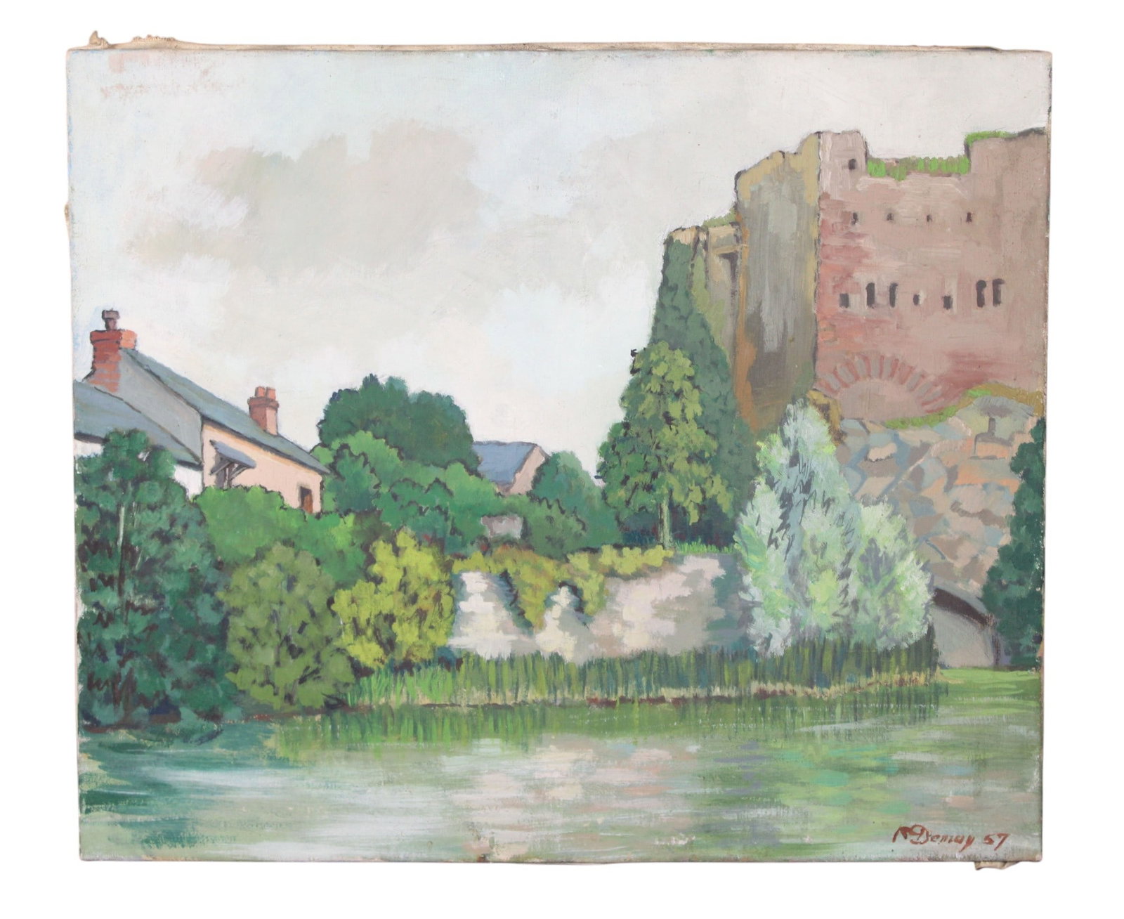 French R. Demay oil on canvas painting "Paysage a la Forteresse": French R. Demay oil on canvas painting "Paysage a la Forteresse." Signed l/r R. Demay '57. Unframed: 18 1/4"h x 21 3/4"w. Weight: 1lb.