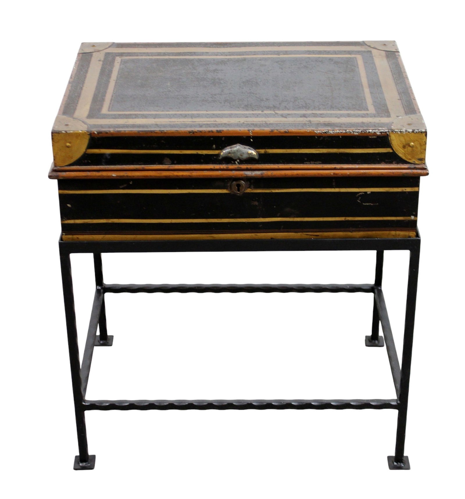 English Colonial campaign tole lap desk on iron stand: English Colonial campaign tole lap desk on iron stand. Converted into a side table. Mark on the inside reads Army & Navy cooperative Calcutta. 22"h x 20"w x 14"d