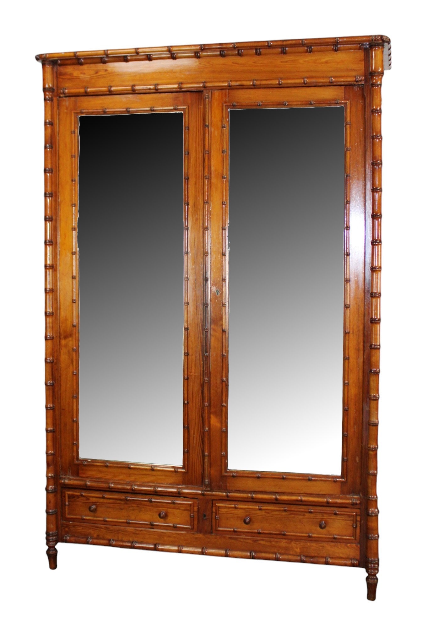 French faux bamboo 2 door armoire in pine: French faux bamboo 2 door armoire in pine. Late 19th century. 86"h x 57"w x 23"d