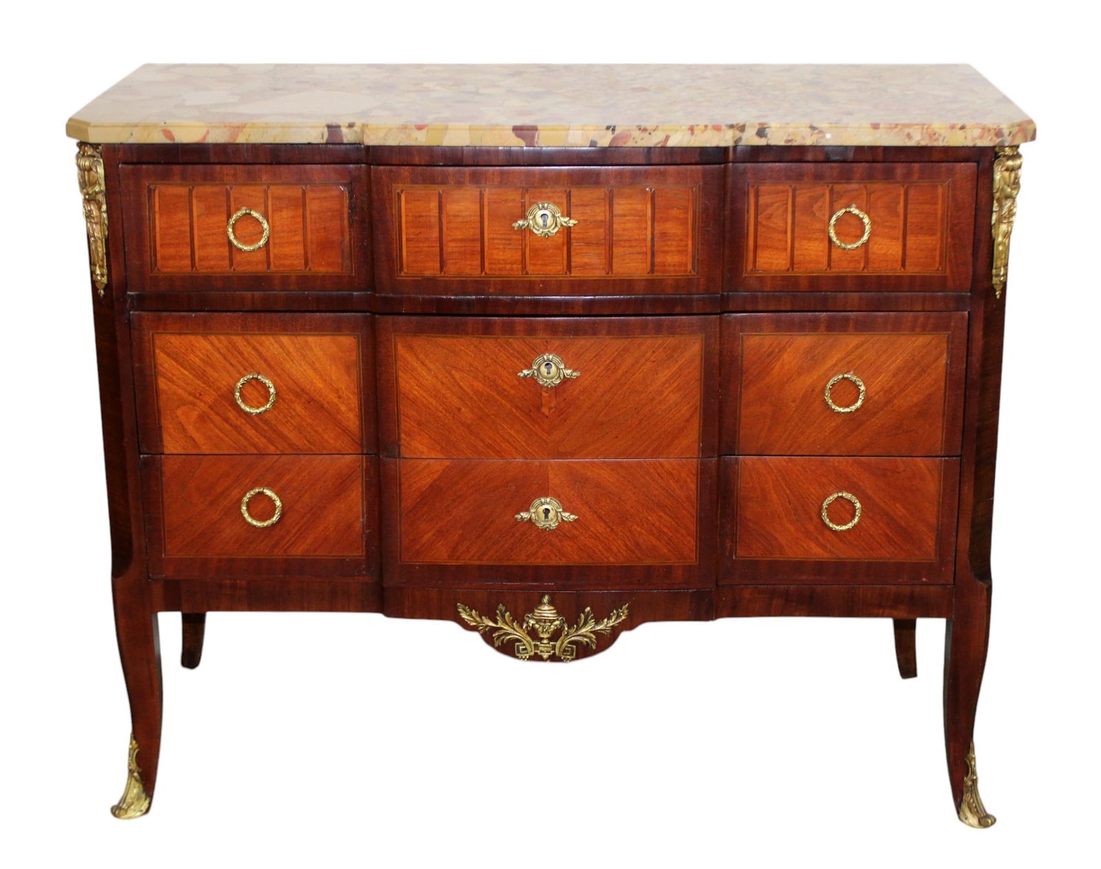 French Louis XVI style marquetry commode: French Louis XVI style marquetry commode with marble top. Early 20th century. 34 1/4"h x 43 1/4"w x 18 7/8"d
