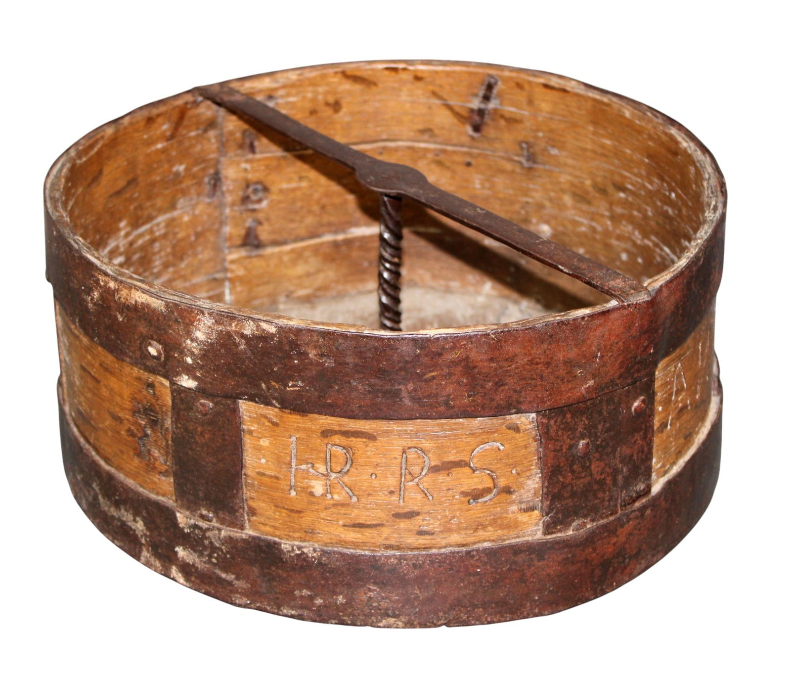 French oak and iron banded grain bucket with iron ring handle: French oak and iron banded grain bucket with iron ring handle. Inscribed "I R R S, ANNO, 180, SM". Early 19th century. 6 1/2"h x 13 3/4"w x 13 3/8"d. Weight: 8lbs.