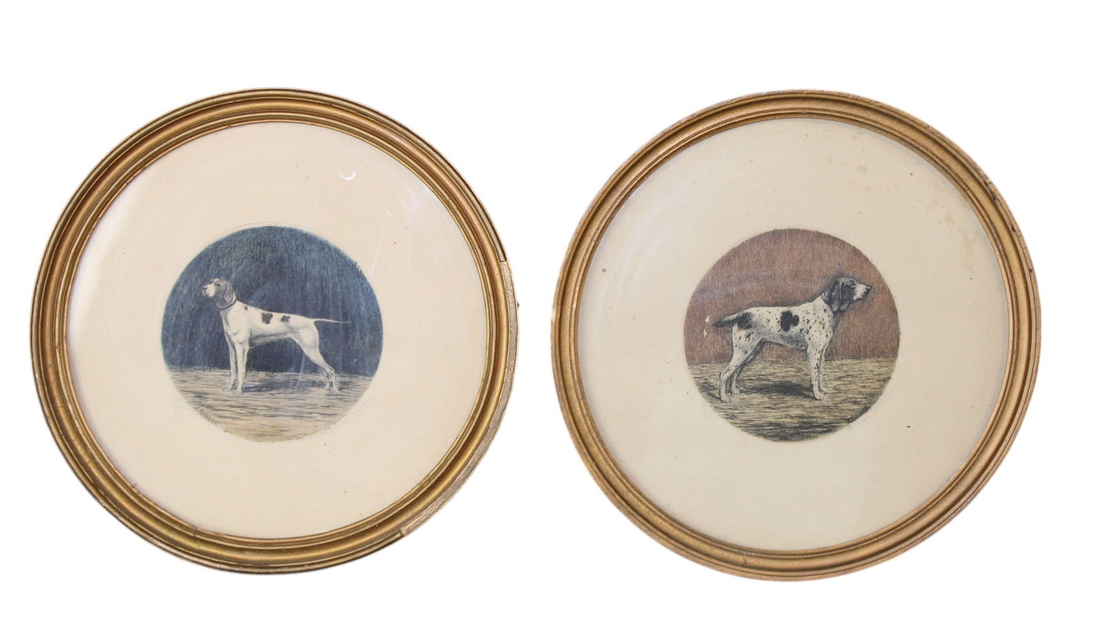 Lot of 2 Jacques Rebour (French, XX) hand colored engravings with dogs: Lot of 2 Jacques Rebour (French, XX) hand colored engravings with dogs. 8"diam. Total weight: 1lb.