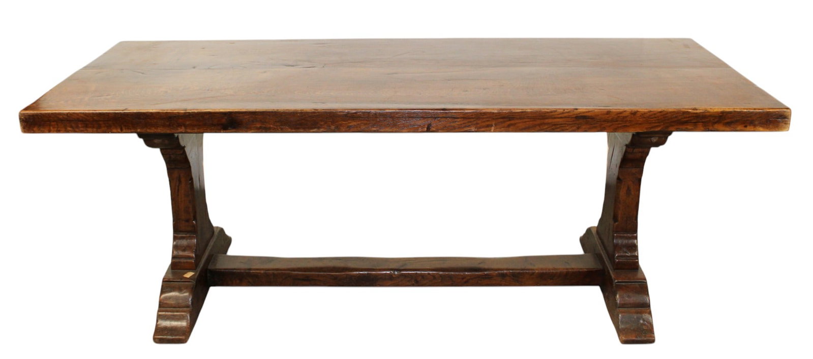 French trestle base table in oak: French trestle base table in oak. 29 3/4"h x 79"w x 33 1/2"d