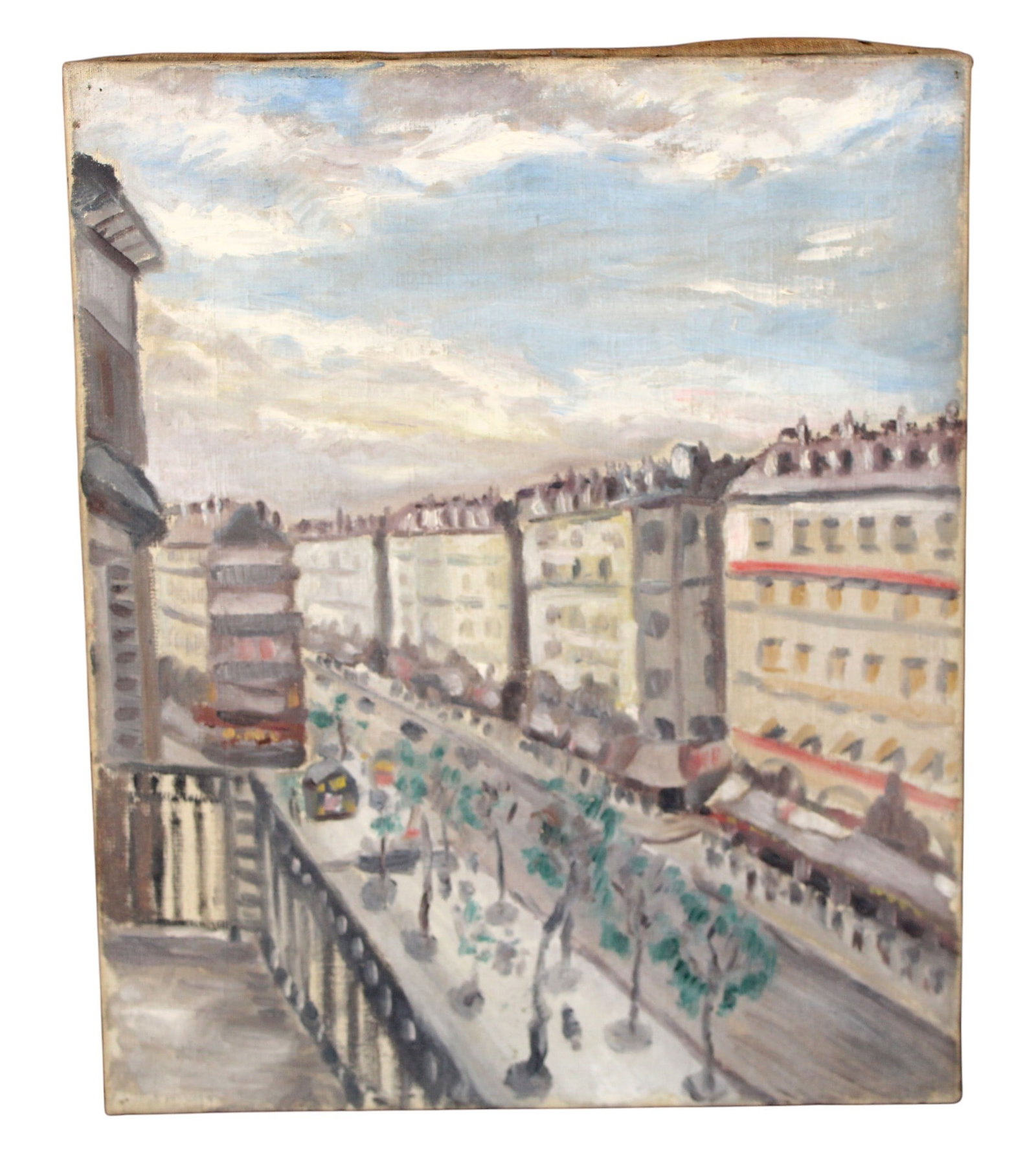 French School oil on canvas painting "Boulevard Parisien": French School oil on canvas painting "Boulevard Parisien." "Union de Artistes'" ("Union of Artists") on the back. Unframed: 18 1/4" h x 15 1/8"w. Weight: 1lb.