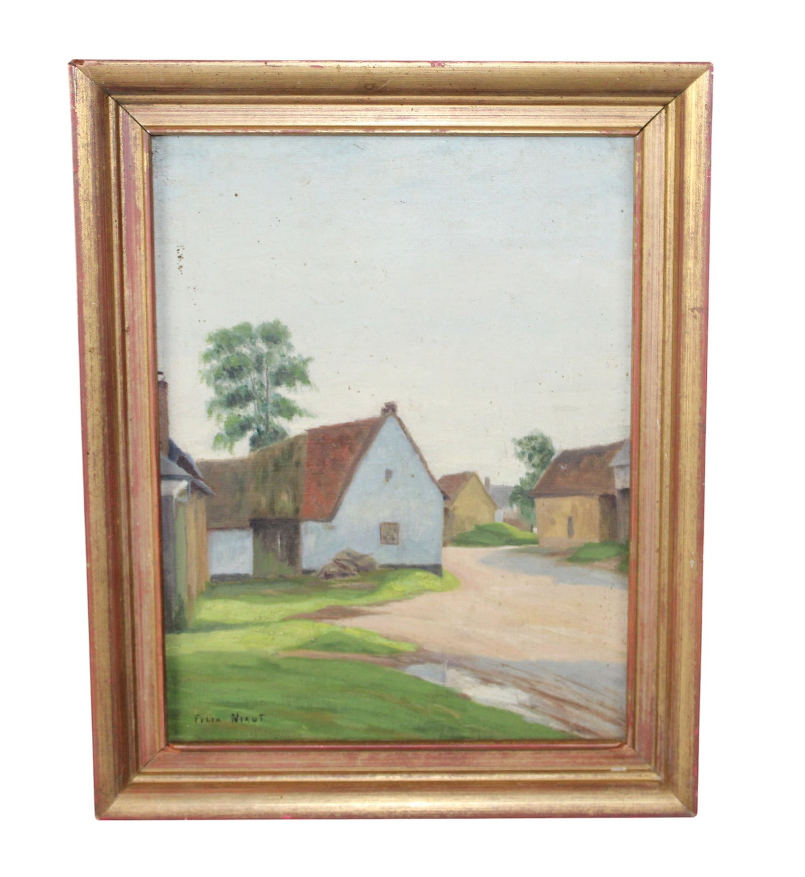 Felix Niaut (1895 - 1988) oil on canvas painting of houses: Felix Niaut (1895 - 1988) oil on canvas painting of houses. Signed l/l. Overall: 16 3/8"h x 13 1/4"w. Sight size: 13 1/4"h x 10 1/4"w. Weight: 2lbs.