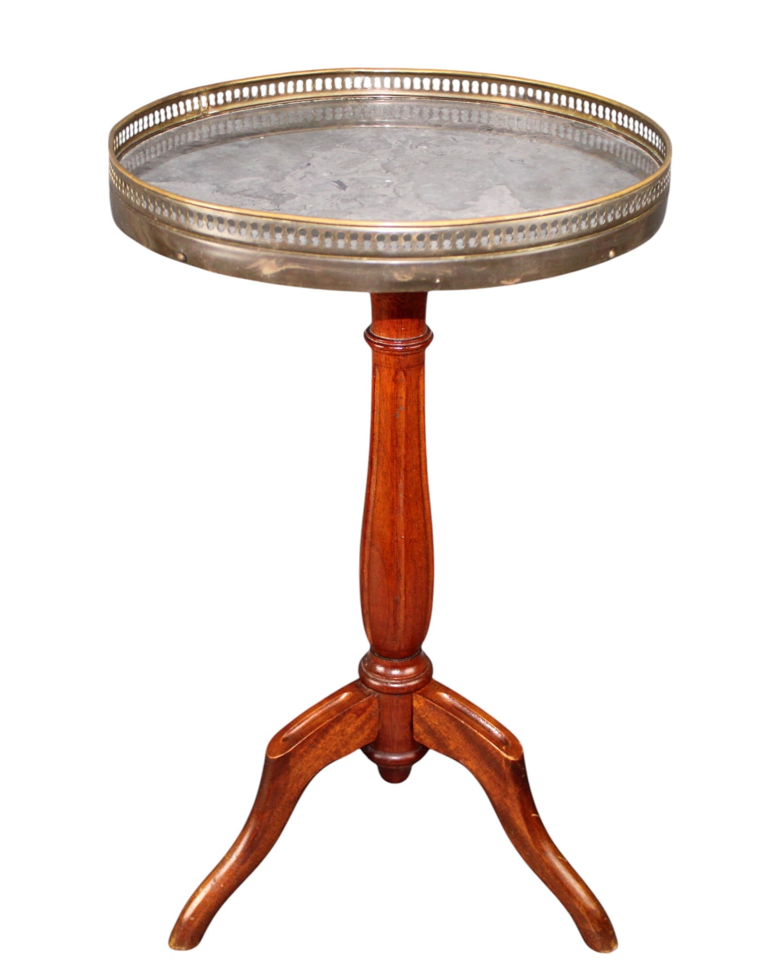 French Louis XVI style petite gueridon table with marble top: French Louis XVI style petite gueridon table. Tri-ped pedestal base with brass gallery around marble top. Mid 20th century. 21 3/8"h x 13 1/8"diam.