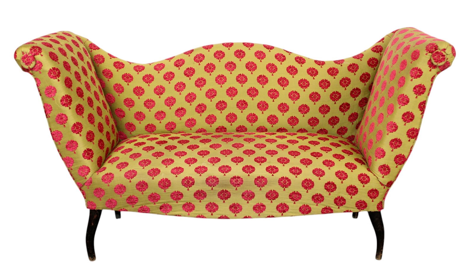 French shaped back upholstered settee: French shaped back upholstered settee. Late 19th century. 33"h x 62"l x 20"d, seat height 17"