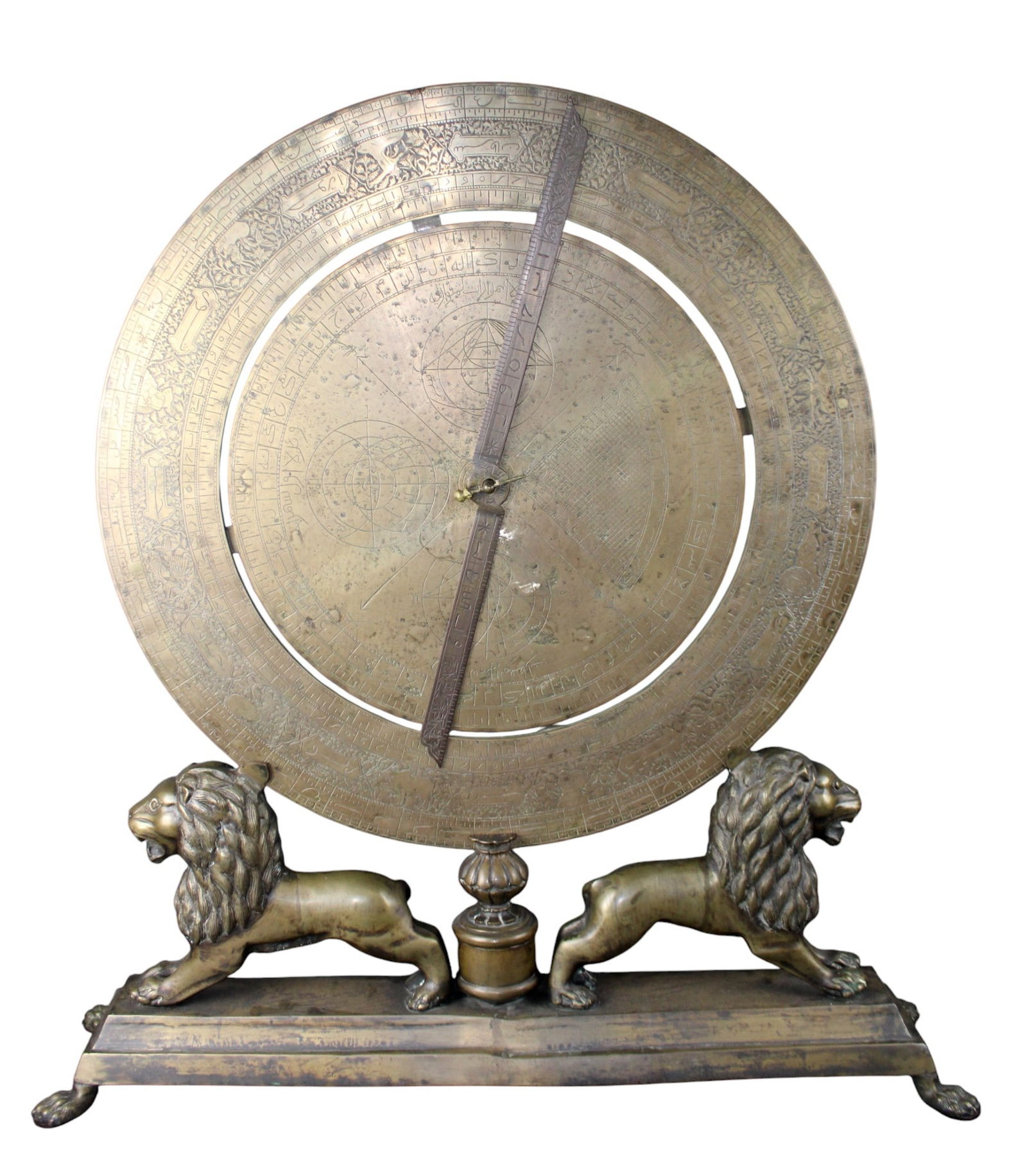 Arabic marine astrolabe with figural lion supports: Arabic marine astrolabe with figural lion supports. Modern. 36 5/8"h x 34"w x 8 1/4"d Weight: 80lbs total