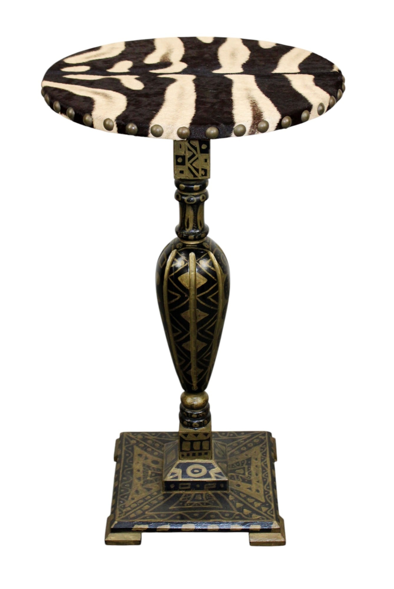 Art Deco table on wooden pedestal base with zebra hide top: Art Deco side table on wooden pedestal base with zebra hide top. Mid 20th century. 30 1/2"h x 18" dia