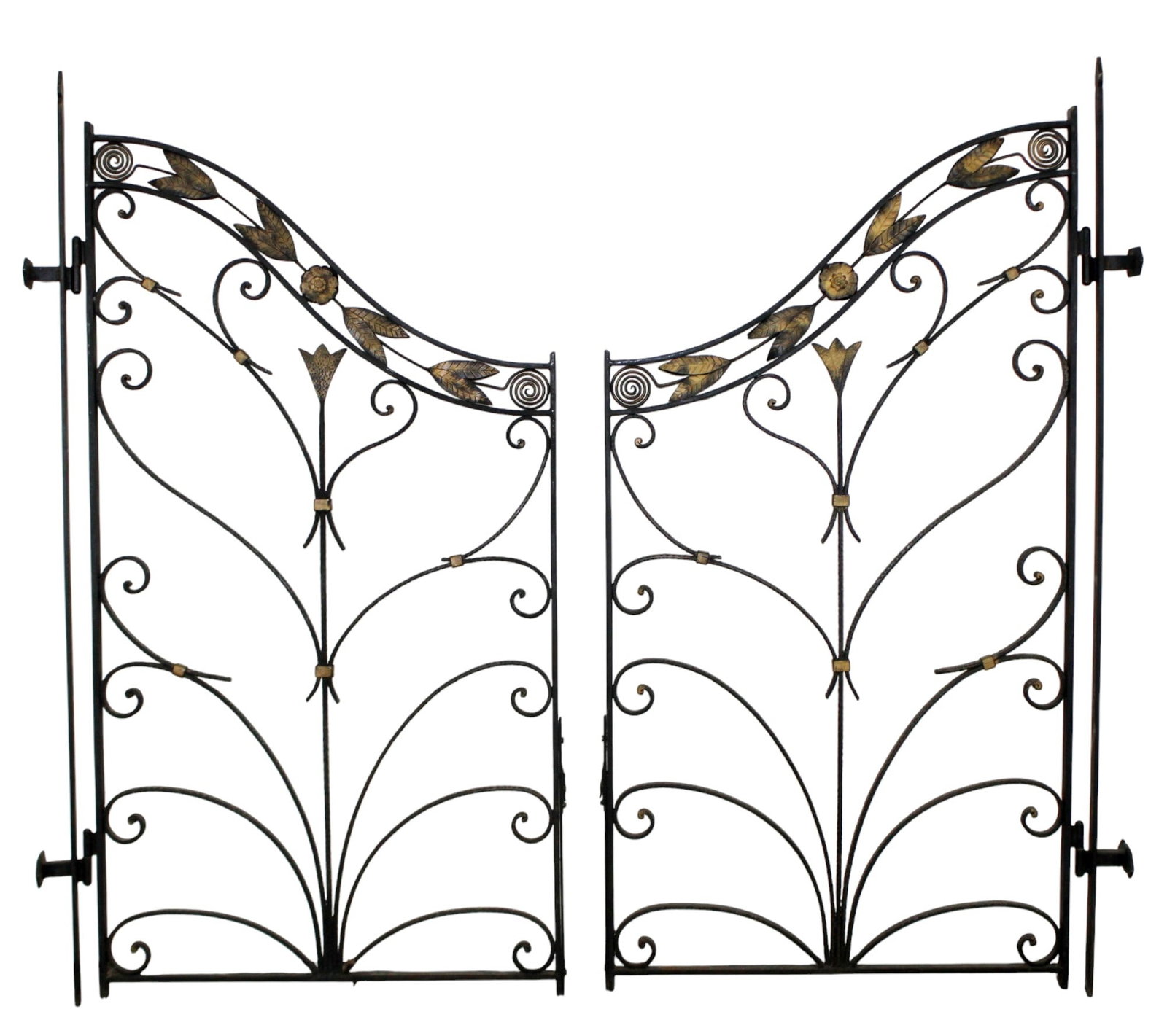 Pair of French garden gates: Pair of French wrought iron garden gates with mounting brackets. Each gate panel measures 61"h x 32"w, Overall including the brackets measure 72"w
