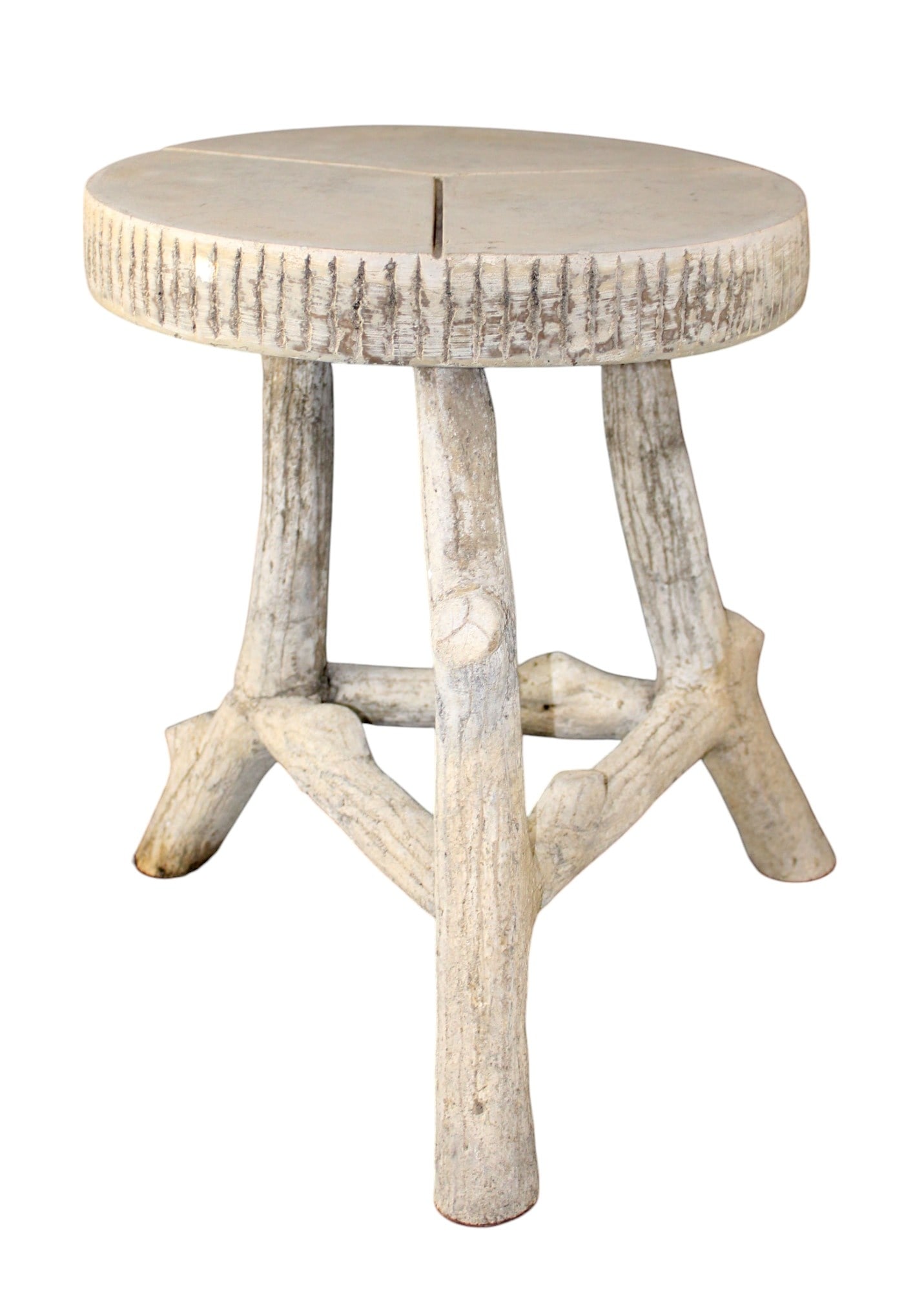 Faux Bois concrete garden stool or side table: Faux Bois concrete 3 leg garden stool or side table. Modern. 17"h x 14" dia Weight: 35lbs