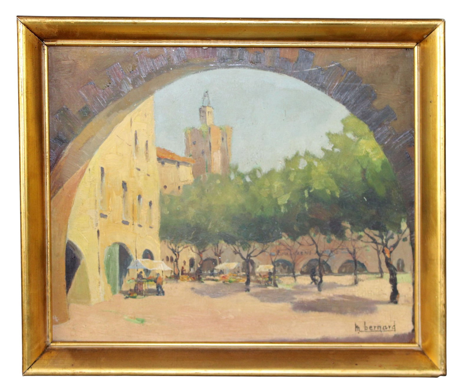 French oil on board painting of Place d" Uzes: French oil on board painting of Place d" Uzes - signed l/r M. Bernard and dated '48. Overall: 13 5/8"h x 16 3/8"w x 2 3/8"d. Sight: 11 1/2"h x 14 1/4"w. Weight: 2lbs.