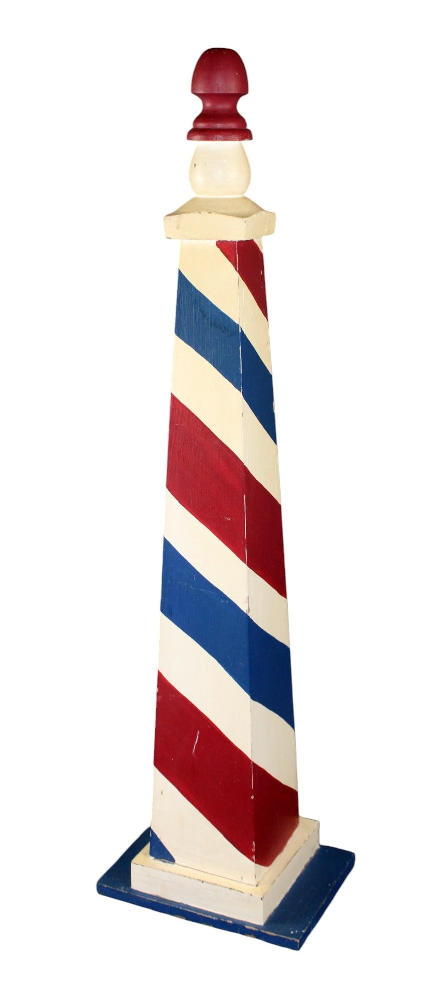 Vintage obelisk form painted wood barber shop pole: Vintage obelisk form painted wood barber shop pole from a barber shop in Conyers Georgia. Circa 1960's. 33"h Weight: 6lbs