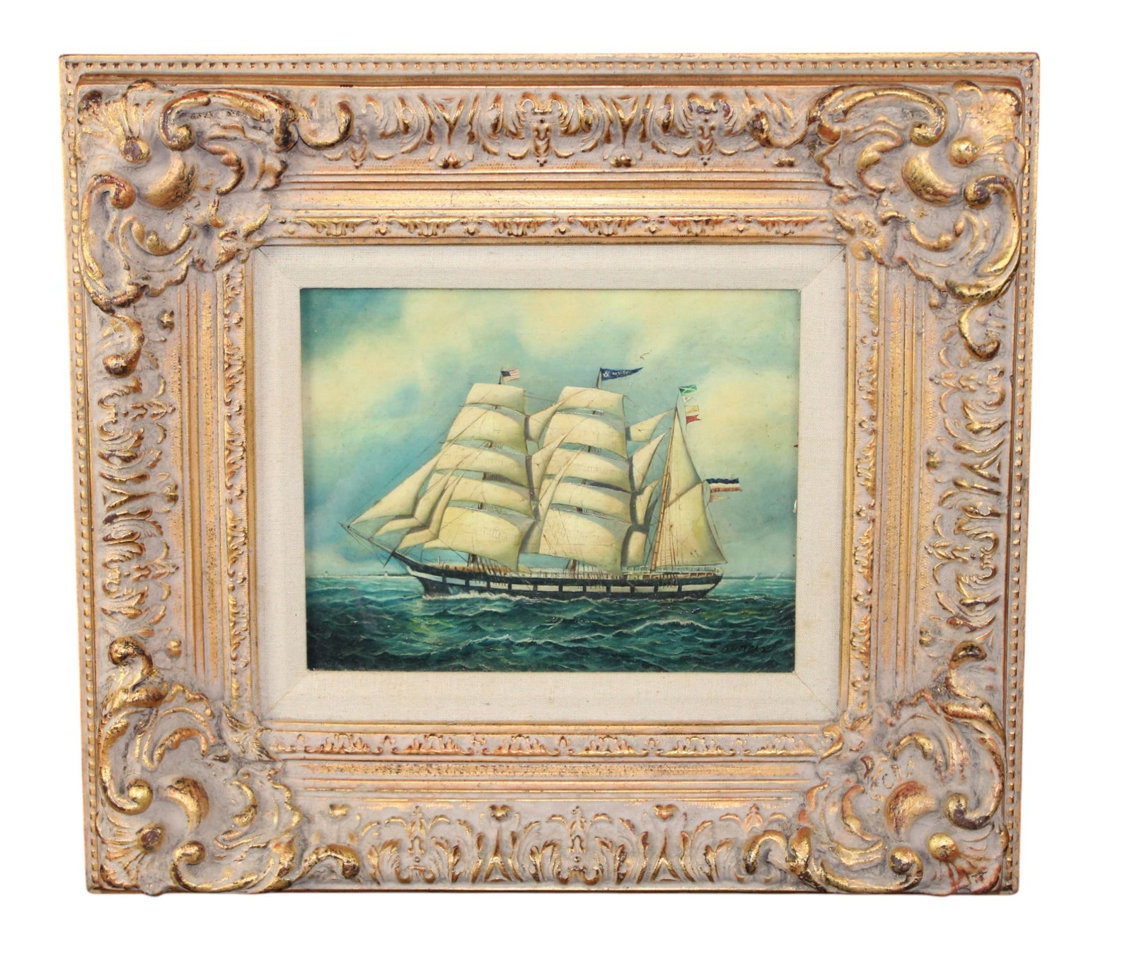Oil on board painting of clipper ship: Oil on board painting of clipper ship. Signed l/r Sanders. 21st century. Overall: 16 3/8"h x 18 3/8"w. Sight size: 7 1/2"h x 9 1/2"w. Weight: 5lbs.