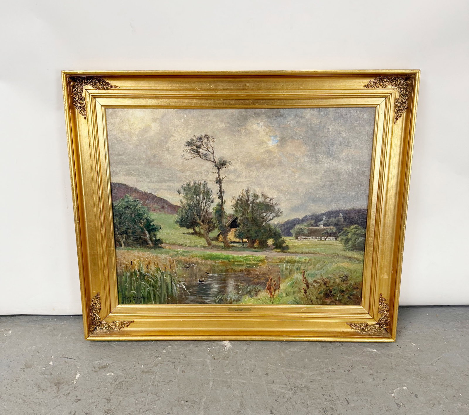 Viggo Langer (Danish, 1860-1942) oil on canvas landscape painting: Olaf Peter Viggo Langer (Danish, 1860-1942) oil on canvas landscape painting. Signed l/l Viggo Langer 1935. Sight 20"h x 25"w Overall 25 1/2"h x 30 3/4"w. Weight: 7lbs.