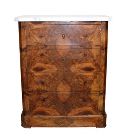 French Louis Philippe petit commode in burled walnut with marble top