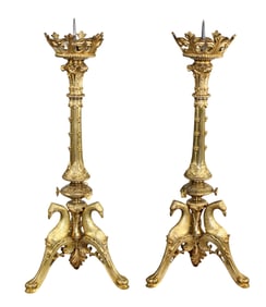 Pair of French brass pillar altar candle holders