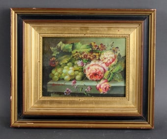 French miniature oil on board still life painting with flowers and grapes