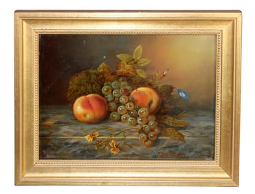French miniature oil on board still life painting depicting peaches and grapes