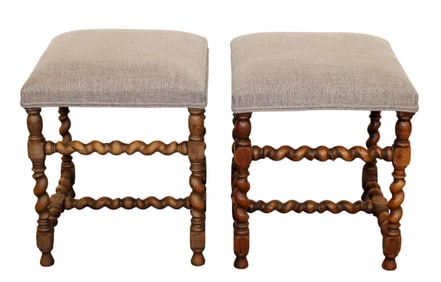 Pair of French barley twist foot stools with upholstered seats