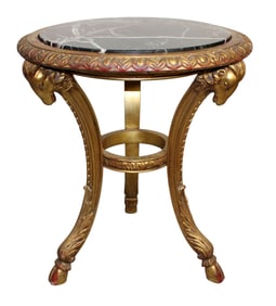 Italian giltwood gueridon table with rams' heads and marble top