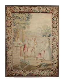 French Aubusson hand woven tapestry depicting figures in a garden setting