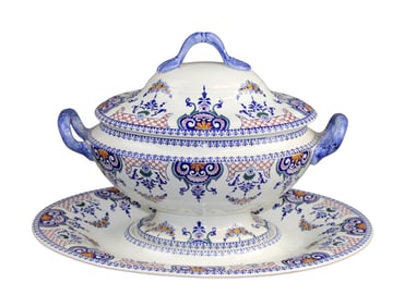 Gien France hand painted faience lidded tureen and platter