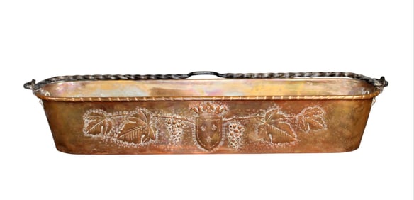 French embossed copper fish poacher with iron handle