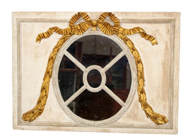 French Louis XVI style painted trumeau mirror with ribbon
