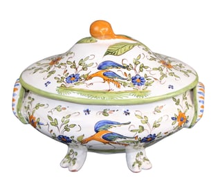French Moustiers faience lidded tureen with bird