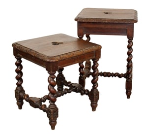 Companion pair of French oak stools on barley twist legs