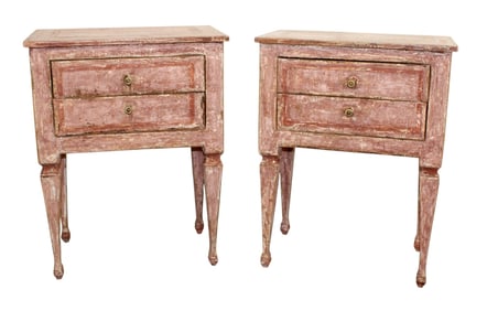 Pair of Italian petit 2 drawer side table chests on legs