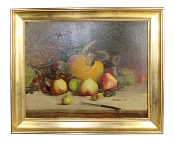 French oil on canvas painting still life with fruit