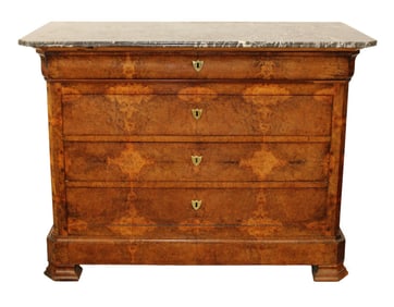 French Louis Philippe commode in burled walnut with marble top