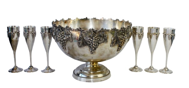 French repousse silverplate champagne urn with 6 flutes