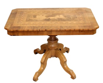 Italian marquetry coffee table on pedestal base