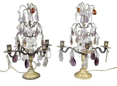 Pair of French bronze & crystal Girandole candelabra