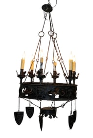 French wrought iron 6 light ring chandelier with shields