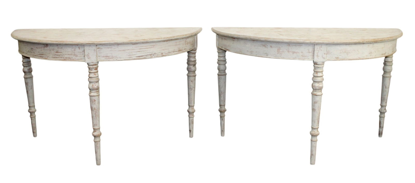 Pair of Swedish demi-lune console tables: Pair of Swedish demi-lune console tables. In pine on 3 turned legs with scraped finish. 19th century. 30"h x 50 1/4"w x 24"d