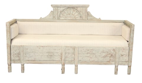 Swedish bench in pine with carved sun back and pull-out trundle