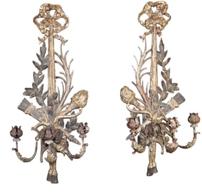 Pair of Italian Louis XVI style carved polychrome wooden candle wall sconces with torch and quiver