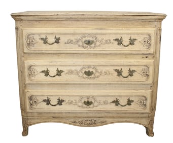 French Provincial 3 drawer commode in bleached oak with carved drawers