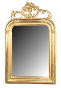 French petite Louis Philippe gold leaf mirror with grape motif crest