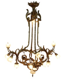 Large scale French Louis XV style bronze 15 light chandelier with floriform shades