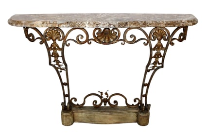 Italian wrought iron base and marble wall mount console table